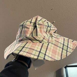 NEW Brixton Petra packable Bucket Sun Hat. Plaid green, red, navy stripe on tan.